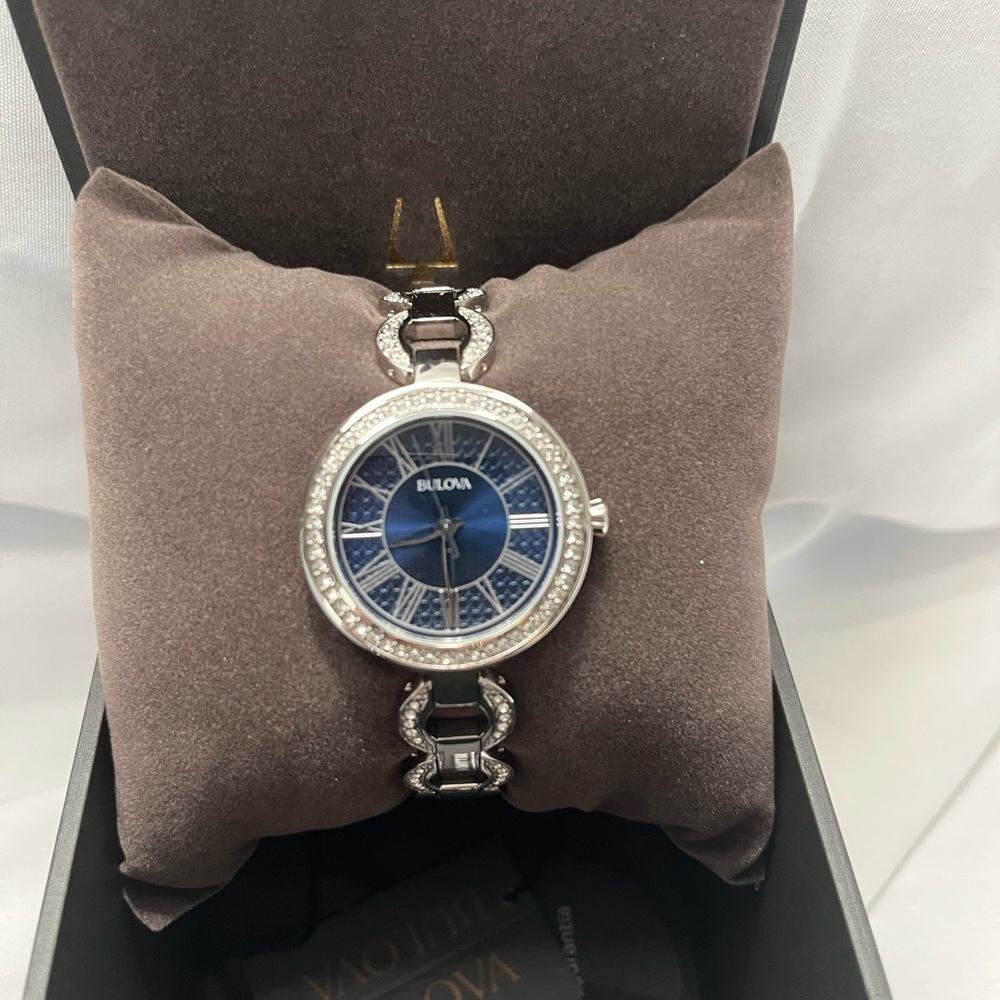 Bulova Silver and Blue Watch with Crystal Bezel -NEVER WORN